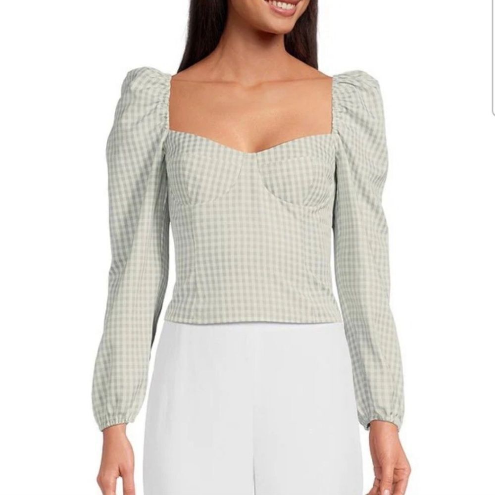 GIANNI BINI Gingham Peasant Crop Top‎ Puff Sleeve Mint Green Size 0 8 10 New